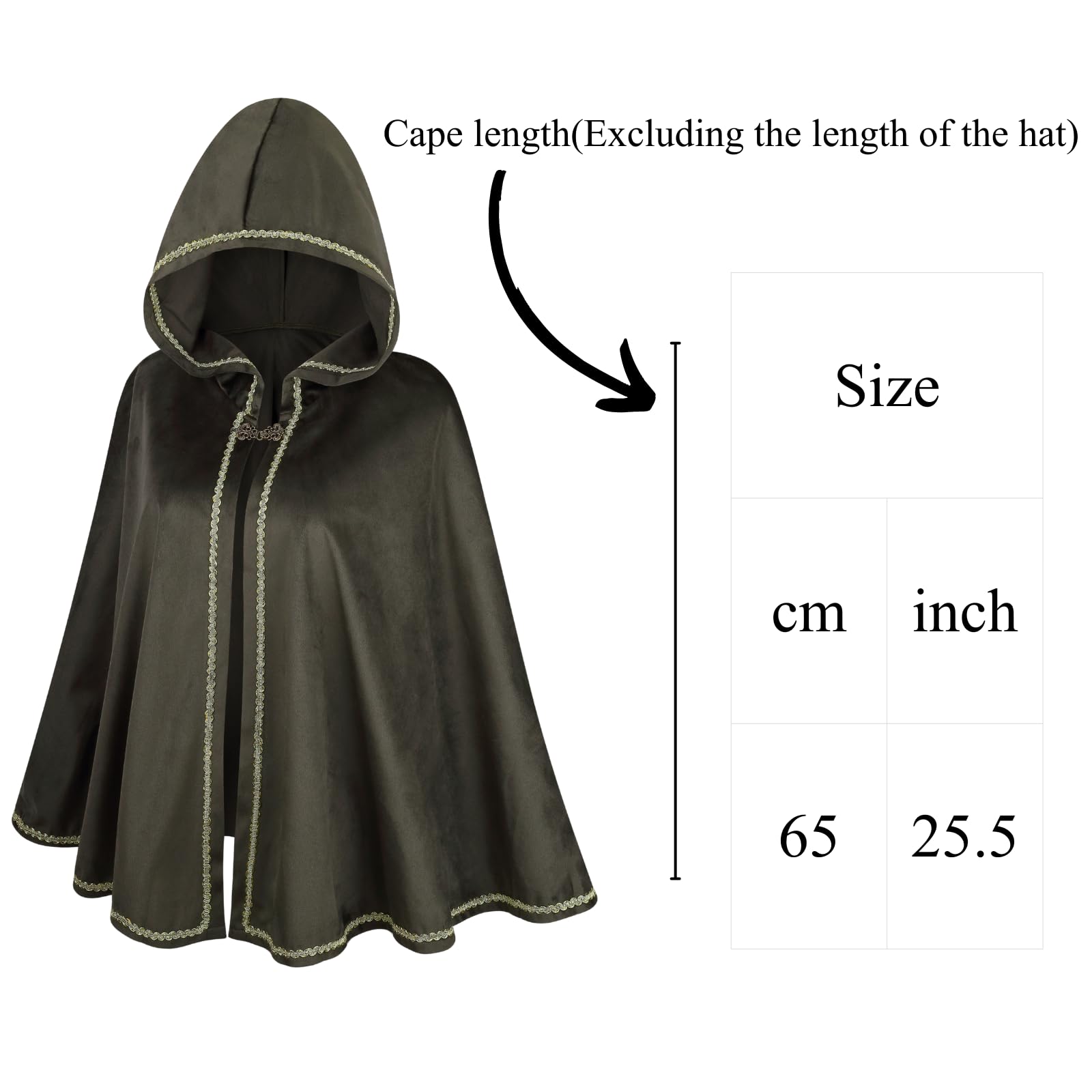 RRCBMD Adult Women Medieval Renaissance Hooded Cape Women Velvet Short Green Lace Cloak Victorian Halloween Witch Cosplay 25.5Inch - Image 3