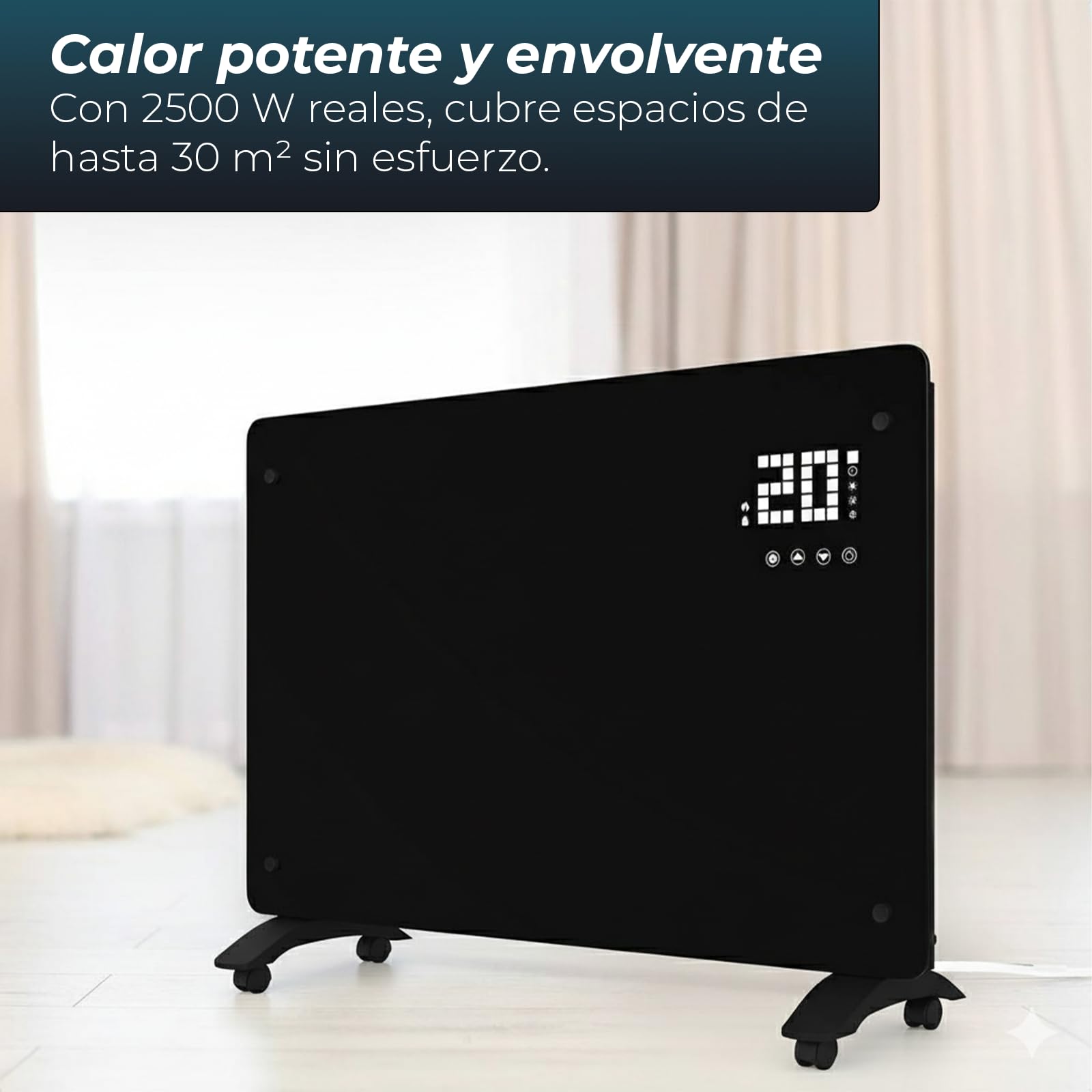 YOEVU Emisor Térmico de Cristal 2500W con Pantalla LCD Táctil, Control Remoto, Ruedas y Soporte de Pared, Calefacción Eficiente y Versátil para el Hogar, Negro
