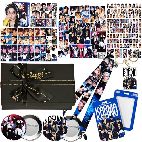Stray Kids KARMA Album Gift Box Set, Including 55PCS KARMA Photocards, 100PCS Album Sticker Pack, 1 Lanyards, Card Holder, 1 Stray Kids Keychain and 2 Badge Gift for STAY Straykids Merch