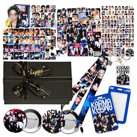 Stray Kids KARMA Album Gift Box Set, Including 55PCS KARMA Photocards, 100PCS Album Sticker Pack, 1 Lanyards, Card Holder, 1 Stray Kids Keychain and 2 Badge Gift for STAY Straykids Merch