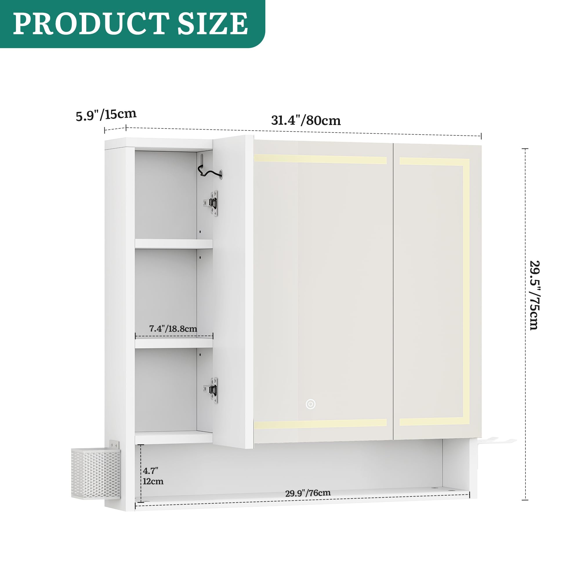 YITAHOME Spiegelschrank Bad LED 3 Türen Steckdose Wandschrank 80cm | LED-Licht für Make-up & Pflege, 2 Steckdosen + 2 USB für Föhn & Zahnbürste, 3 Spiegeltüren mit Stauraum, Beleuchtung