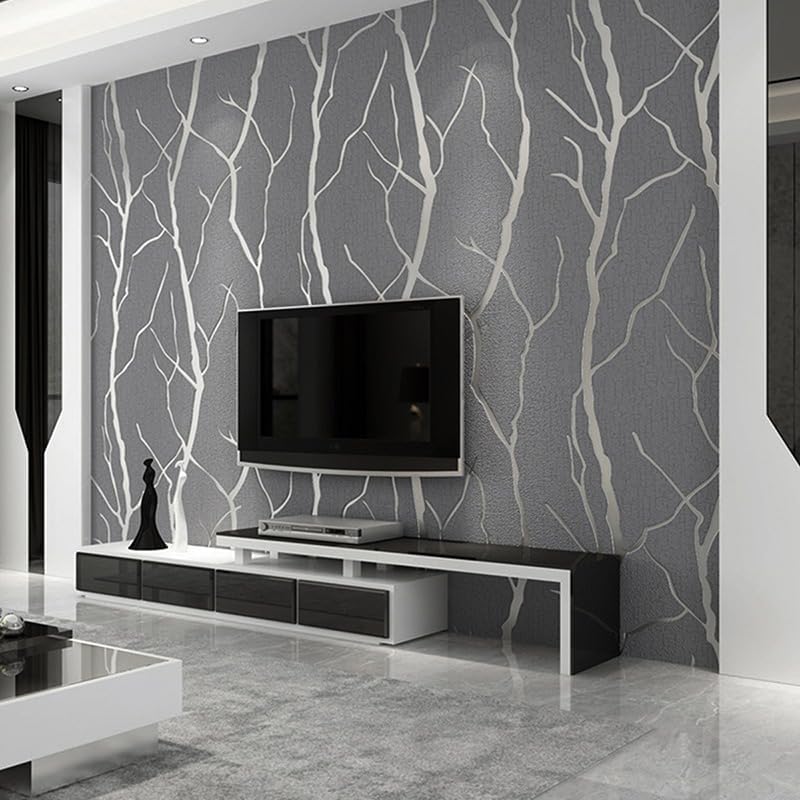Snewvie Silver Grey Wallpaper 3D Embossed Tree Branch Glitter Textured Wallpaper Modern Minimalist Striped Feature Wall Paper for Bedroom Living Room TV Backdrop Hallway