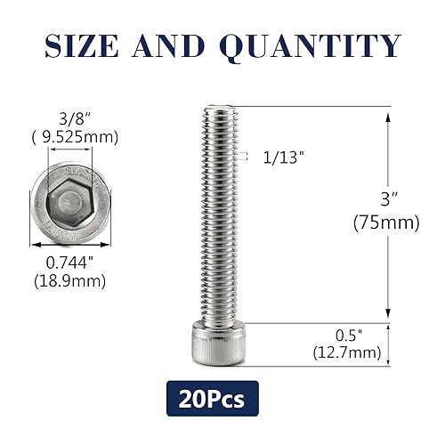 Miniatura 2 de Tornillos de cabeza hueca de 12-13 x 3 pulgadas, 20 piezas de acero inoxidable 304 18-8, llave hexagonal Allen, rosca completa, acabado brillante