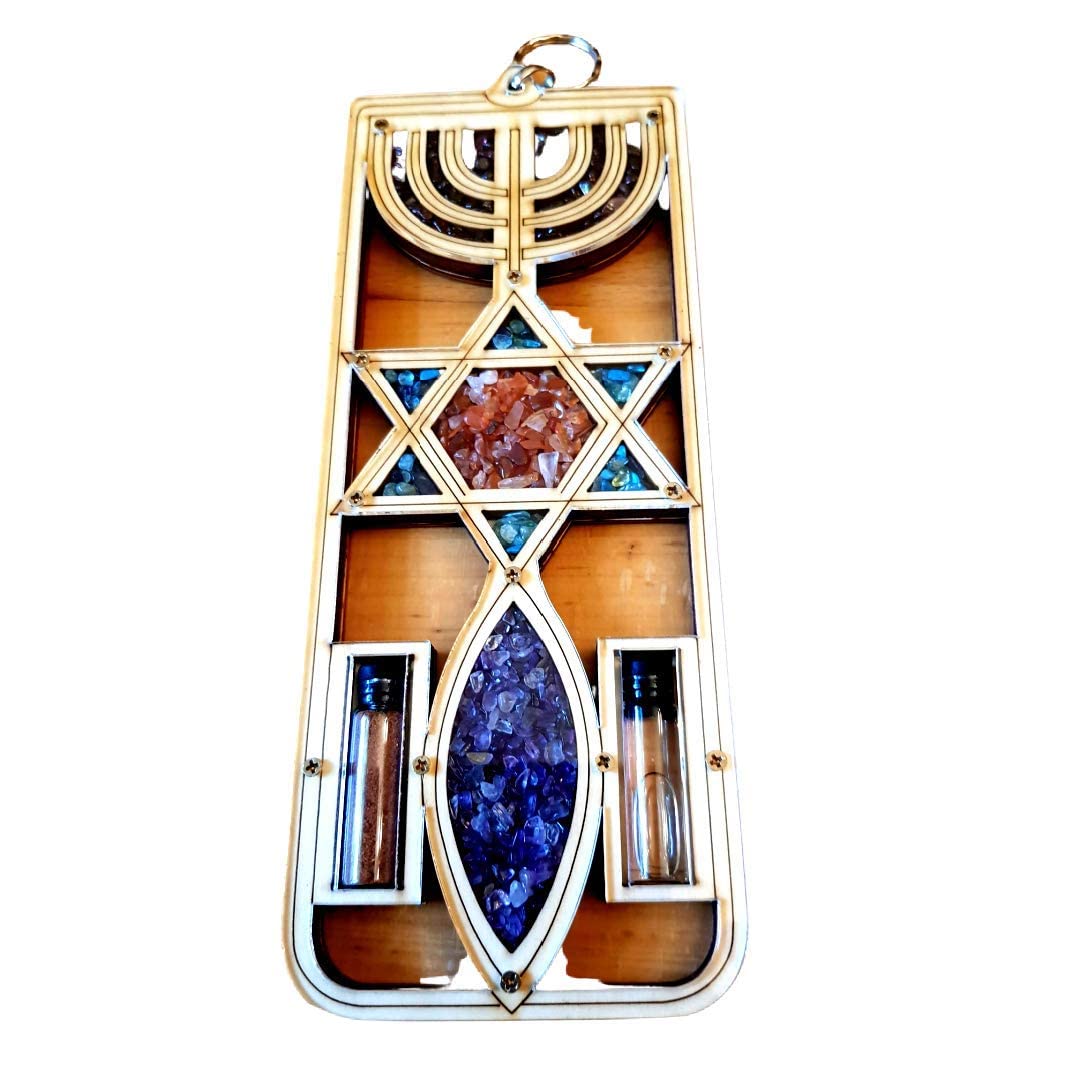 Bluenoemi Messianic Symbol Home Decor Spiritual, Menorah Star of David Fish Gifts for Home Blessing Plaque and Tasteful Design. Meaningful Symbol. Beige BLCH045