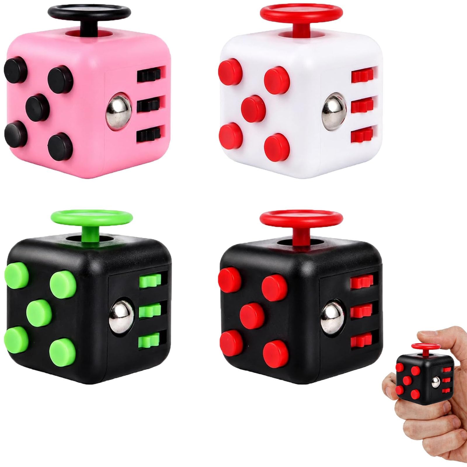 4-Piece Fidget Cube Set, Infinity Cube Fidget Toy in 4 Colours (Black-Red, Black-Green, White-Red, Pink-Black), 6-Sided Sensory Toy, Sensory Cube Fidget Toys for Adults and Office