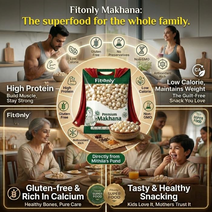 Image of FitOnly Authentic Mithila Makhana 500 gm | Directly From Mithila Farmers | High Protein Gluten-Free Snack | Directly from Mithila's Pond | Ideal for Fasting, Diet & Healthy Snacking| Pack Of 2 (250g x 2)