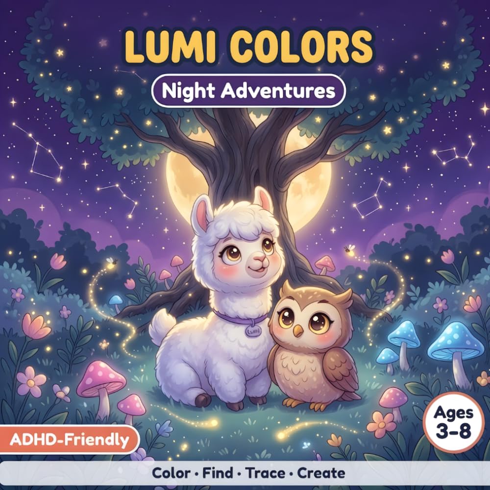 LUMI COLORS Vol. 3 — Night Adventures: Coloring, Find It, Trace and Create Activity Book for Kids with ADHD Ages 3-8: Calming Focus Activities with ... and ADHD Support (LUMI COLORS Collection)