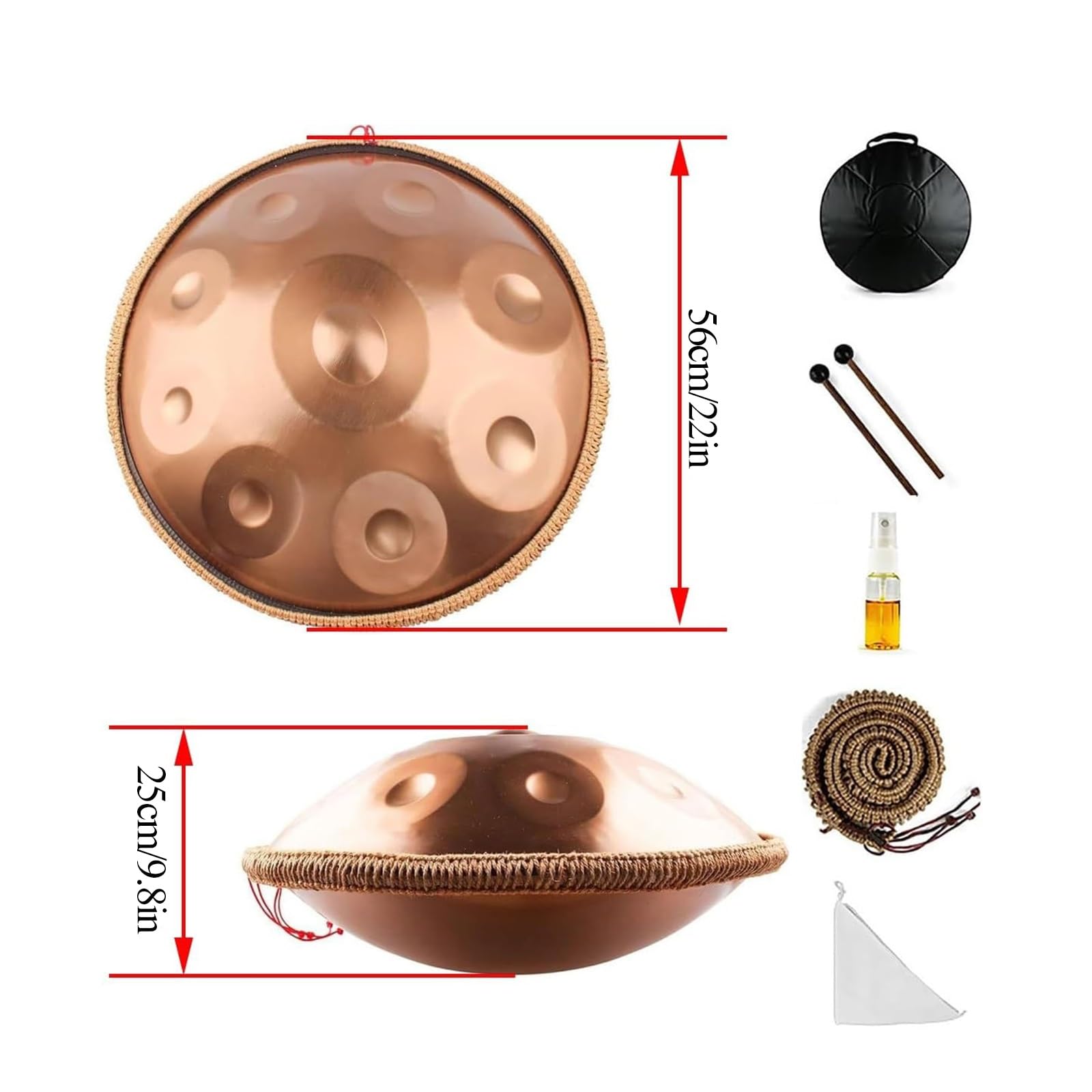 Handpan zestaw perkusyjny 56 cm, instrument perkusyjny 432 Hz, 10 nut, zawiera miękką torbę, młotki, stojak, naklejki na notatki, ściereczkę do czyszczenia, do medytacji, terapii muzycznej i występów