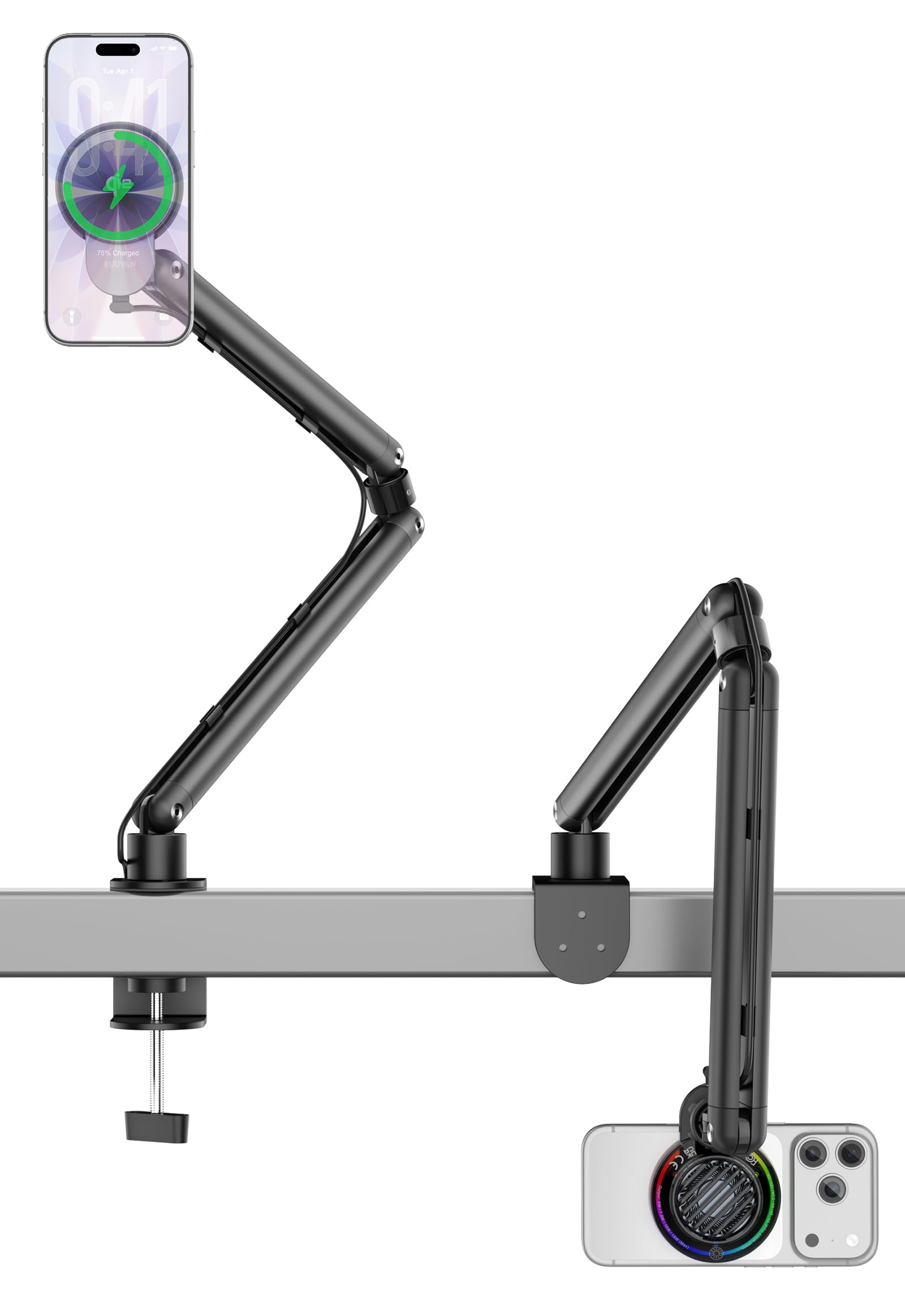 KUUVAN スマホアーム 15W急速充電 Qi2正規認証品 冷却ファン付き MagSafe対応 ワイヤレス充電器 7関節 アルミ製 寝ながら 360度回転 広範囲可動 ケーブルガイド 収納便利