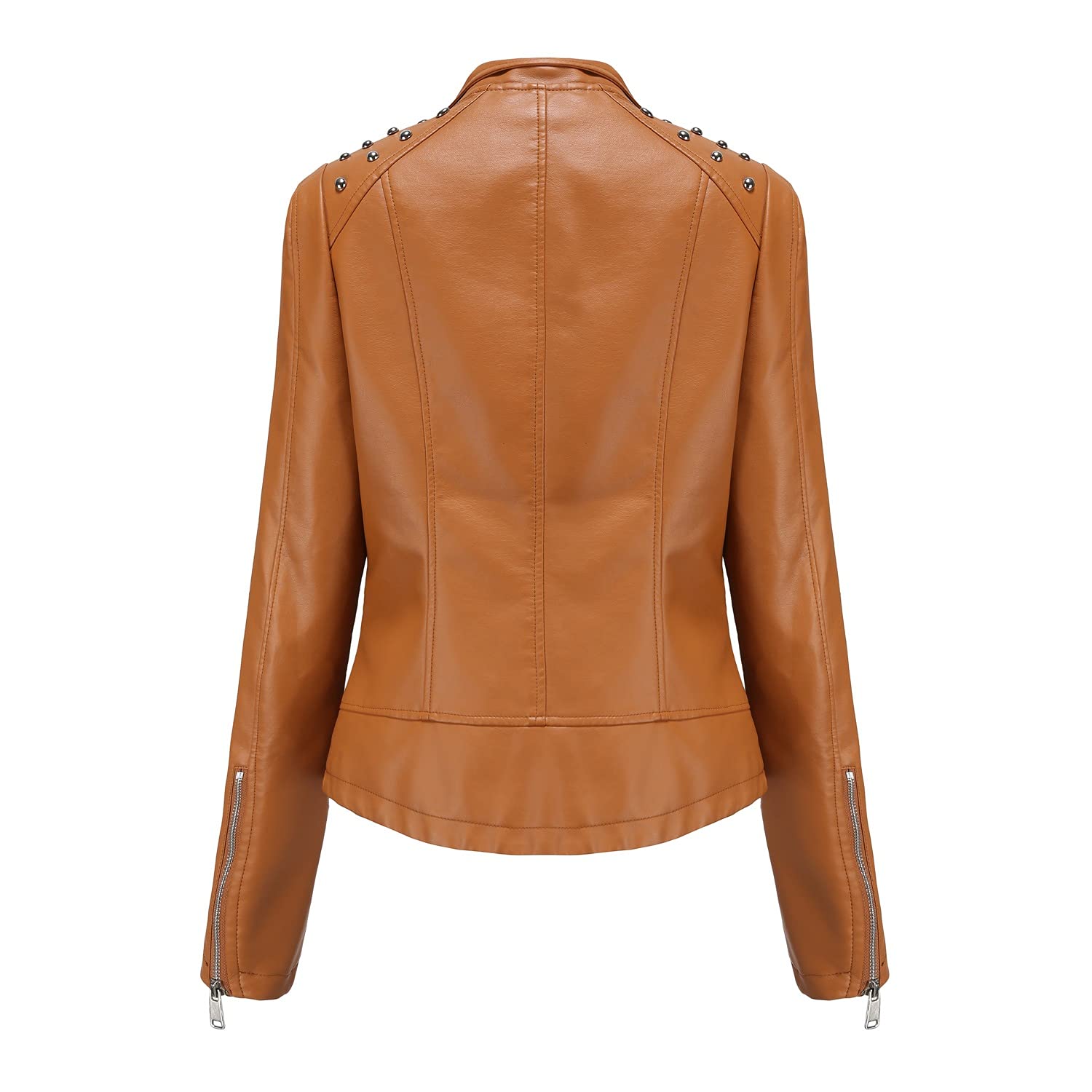 Moda damska nity kurtka ze sztucznej skóry motocyklista motocrossowa kurtka zapinana na zamek błyskawiczny wąski krój płaszcz odzież wierzchnia z kieszeniami, Wielbłądzi, XL