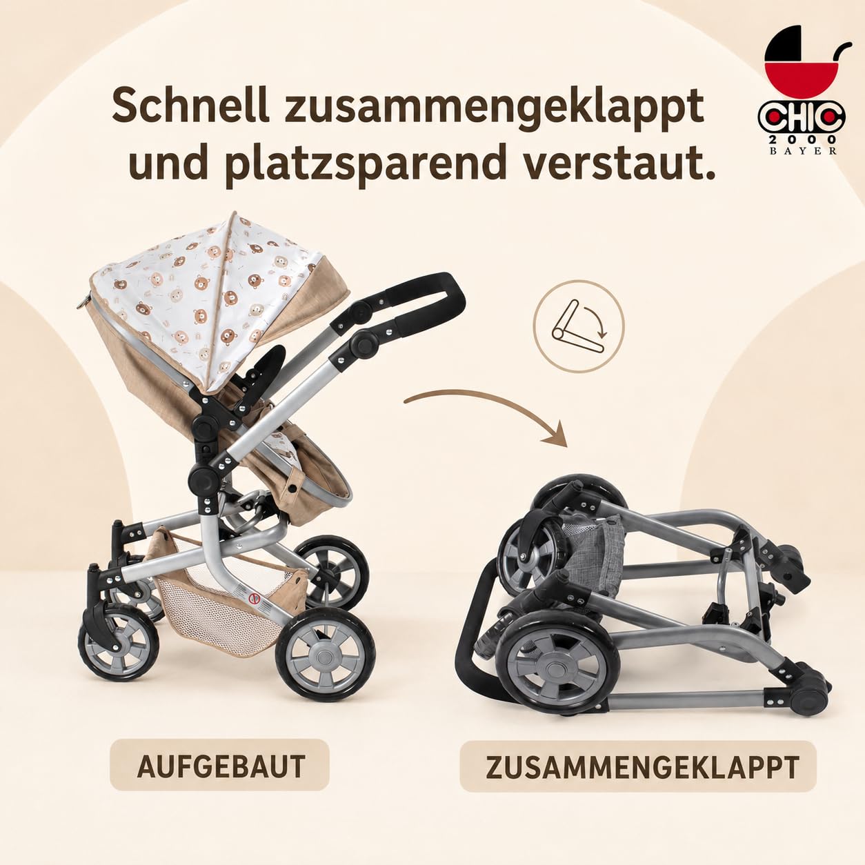 Bayer Chic 2000 Wózek dla lalek Mika, wózek 2 w 1, dla dzieci w wieku od 4 do 8 lat, wózek dla lalek do 52 cm, beżowe misie | Duży wózek dla lalek kombi 2 w 1 z regulowanym fotelem sportowym dla lalek do 52 cm. Beżowy miś, uchwyt 47-80 cm, od 3 lat