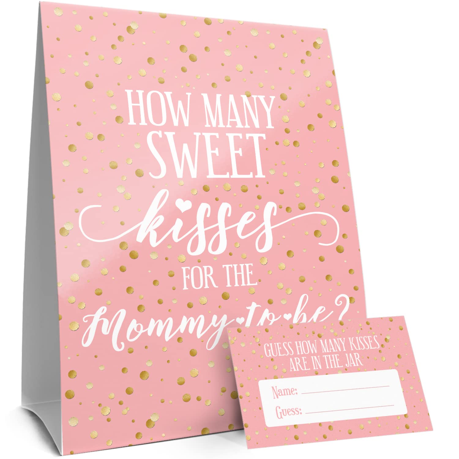 DISTINCTIVS How Many Kisses Baby Shower Game - Pink and Gold It's a Girl Baby Shower Game (Sign with Cards)