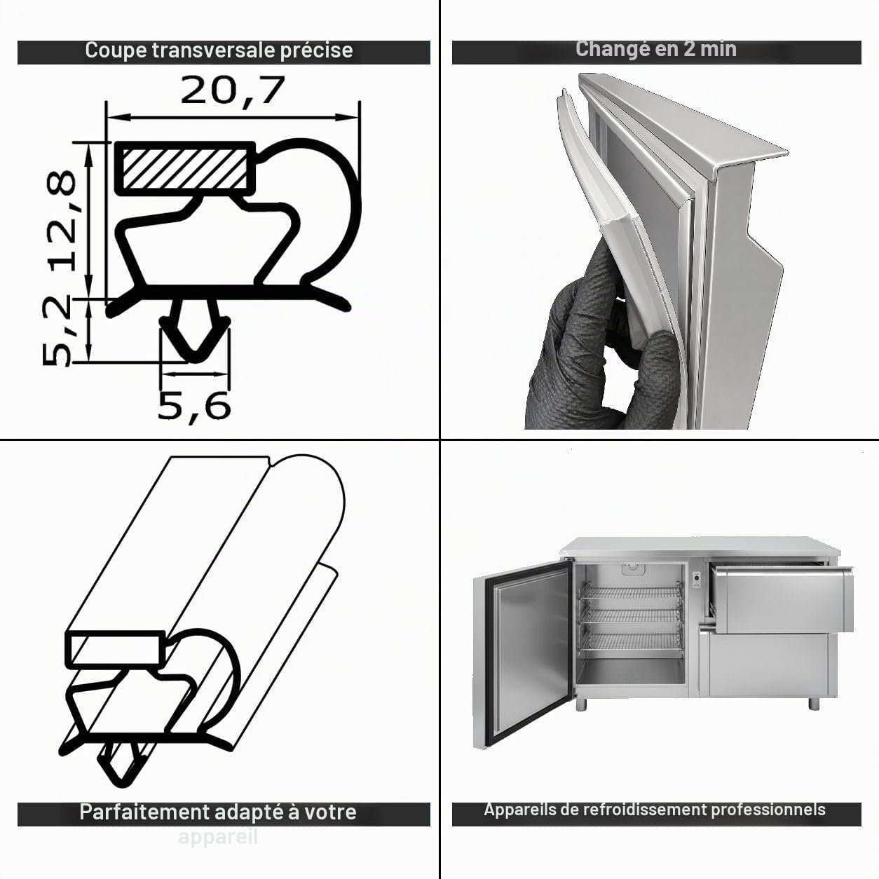 Joint magnétique profilé grand C - 2500 mm avec bande magnétique - Couleur : gris (joint de réfrigérateur)