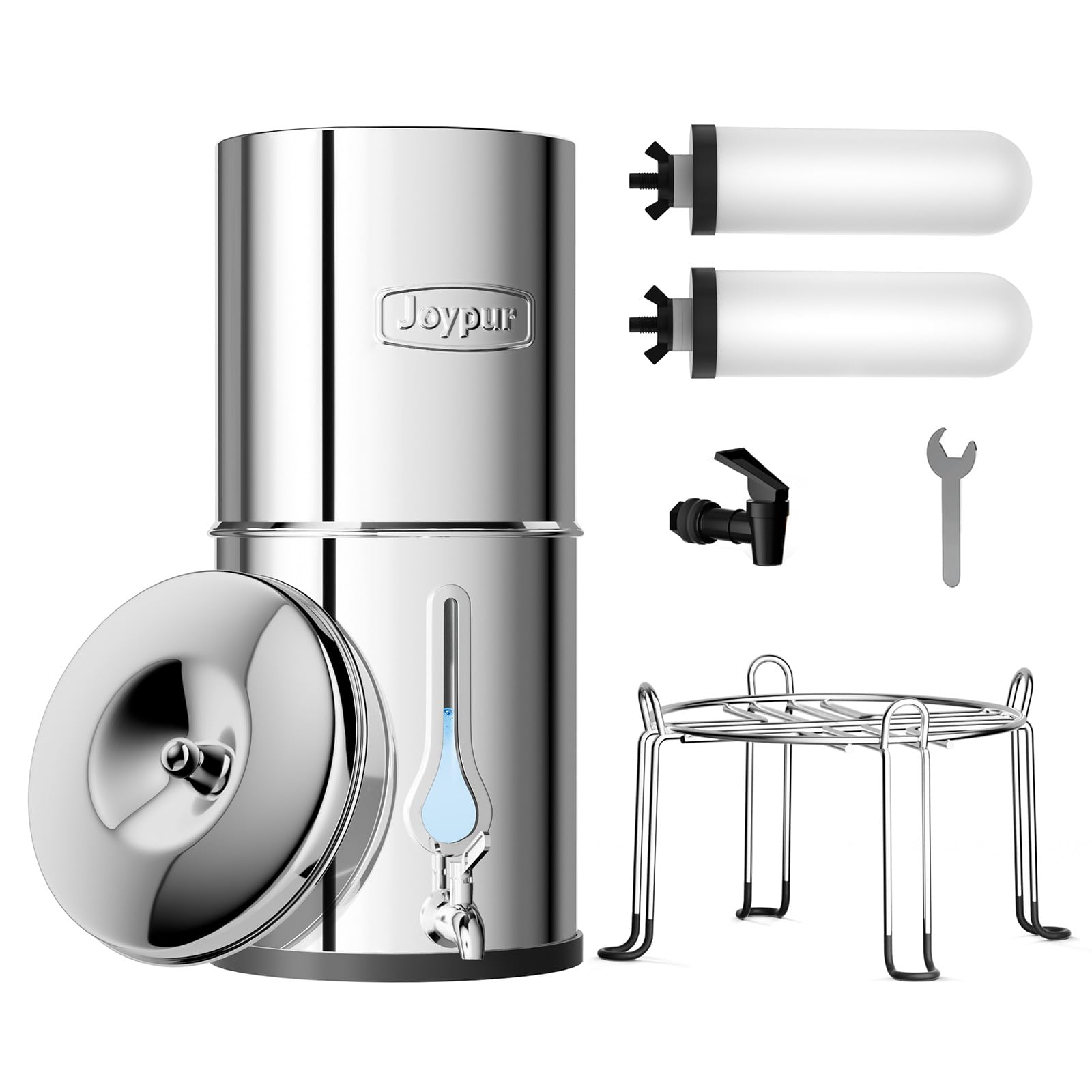 Joypur Schwerkraft Wasserfilter Edelstahl 304, 8.5L Behälter mit 2 Keramikfiltern, 38000L System, Tropfenfenster, für Zuhause, Camping