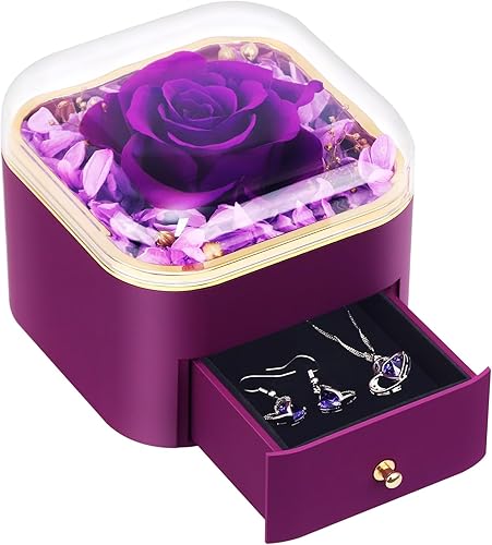 AK KYC Flor preservada, rosa, flores eternas, regalos para el día de San Valentín, incluye un exquisito collar y aretes para esposa, novia, para