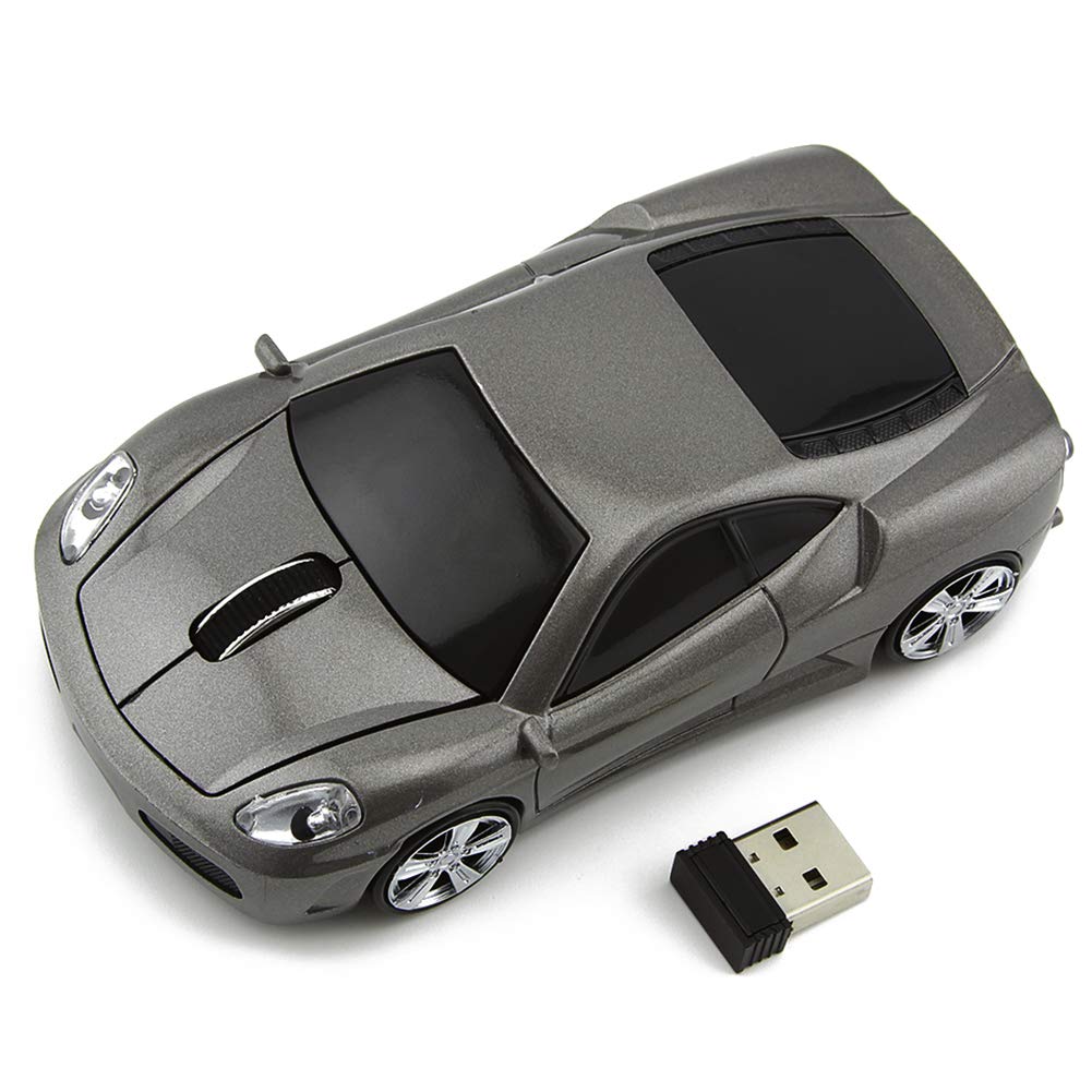 FIRSTMEMORY - Ratón óptico inalámbrico para coche, 2,4 G, con forma de coche de carreras, 1600 DPI, para computadora, PC, portátil, escritorio (gris)