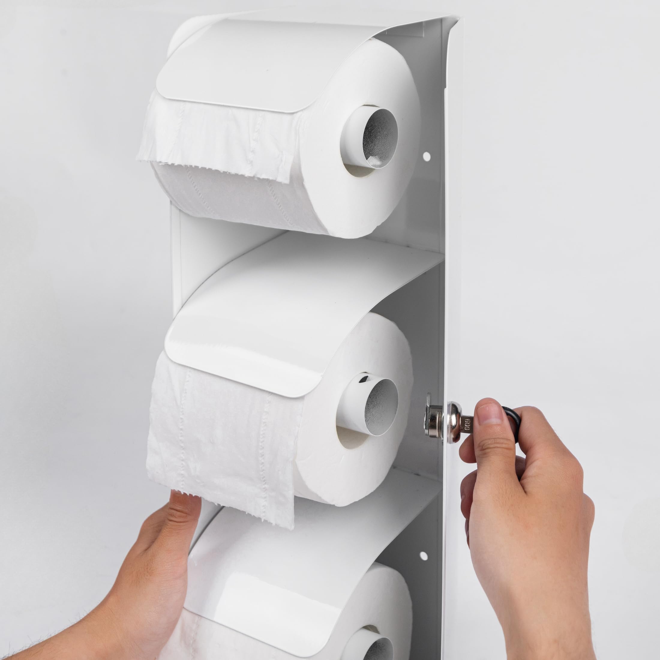 Dispensador comercial de papel higiénico de acero inoxidable, soporte para 3 rollos con cerradura, montaje en pared, opción de rollo doble, color blanco