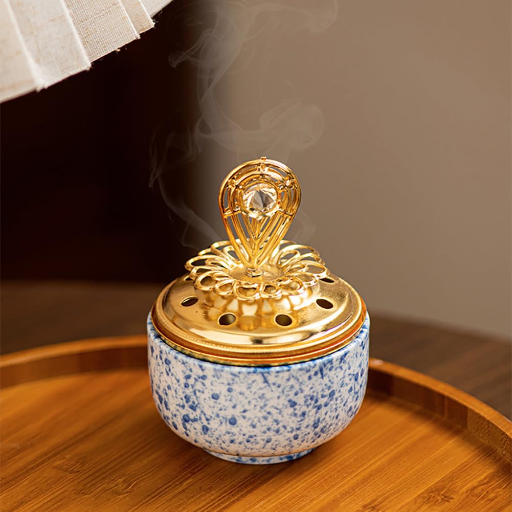 Colorful Ceramics Incense Burner with Cover Desktop Decoration Holder Eid Middle East Arabian Festival Aromatherapy Furnace Home Decor (C)