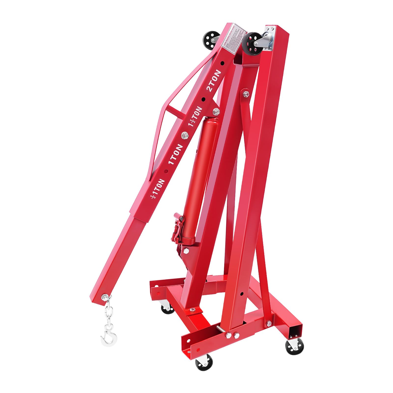 Cric de levage 2T - Hauteur de levage de 148 cm - 4 niveaux - En acier au carbone - Rouge - Pliable - Grue hydraulique d'atelier - Grue de levage avec équilibrage de moteur - 6 roues - Pour
