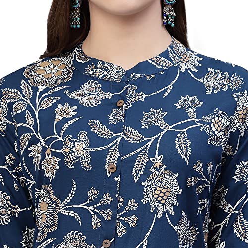 Image of Stylum Women's Aqua Floral Printed Rayon A-Line Kurta | Comfortable Daily Office & Casual Wear (Available in Plus Sizes)