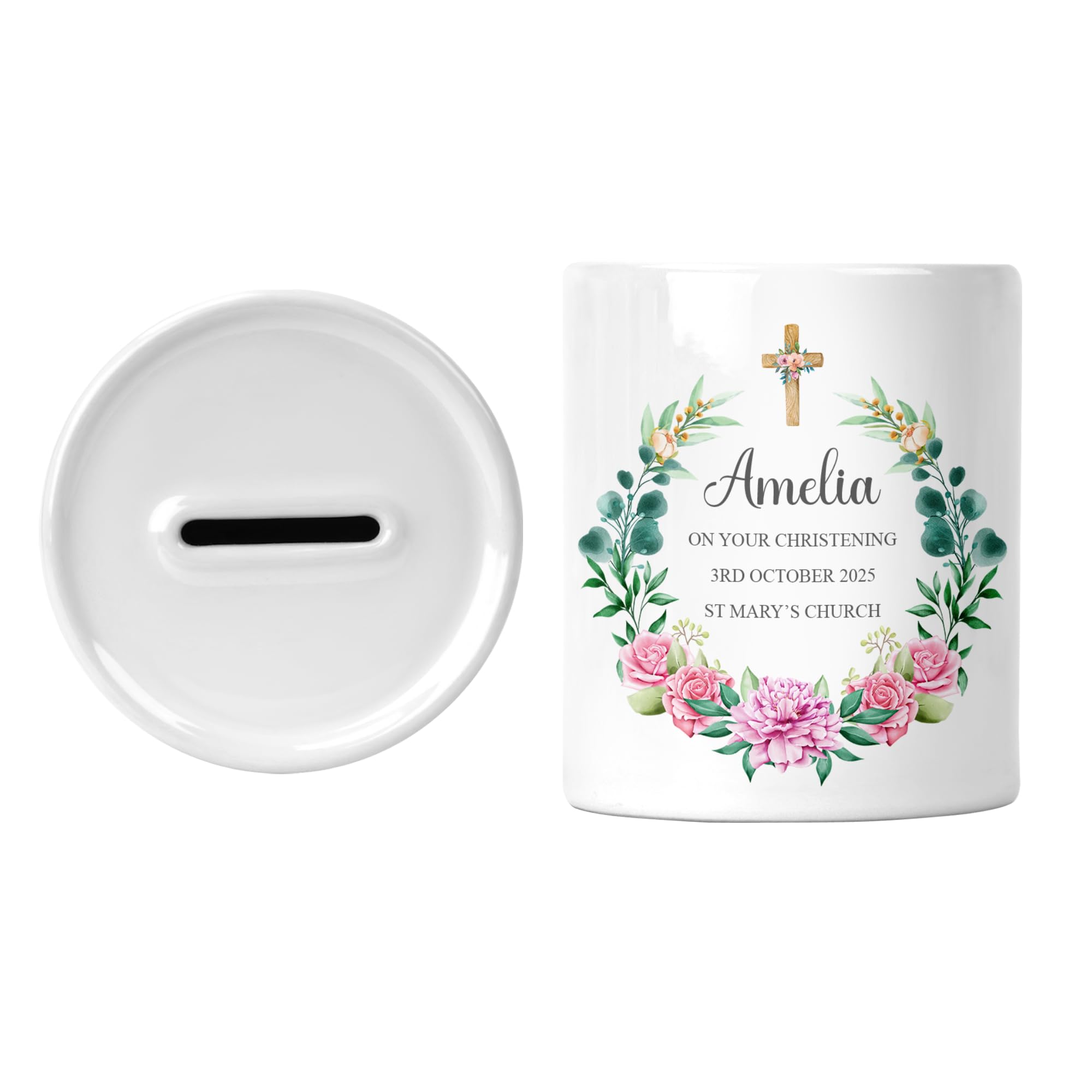 Personalised Christening Money Box for Girl Ceramic Baptism Piggy Bank Keepsake — image 1