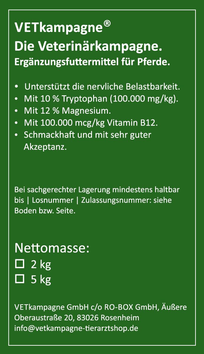 Tryptophan + Magnesium Pferd [Hochdosiert] – Von Tierärzten entwickelt – Unterstützt Nerven, Entspannung & Losgelassenheit – Mit Vitamin B12 – Ergiebiges Pulver 2000 g Nachfüllpack