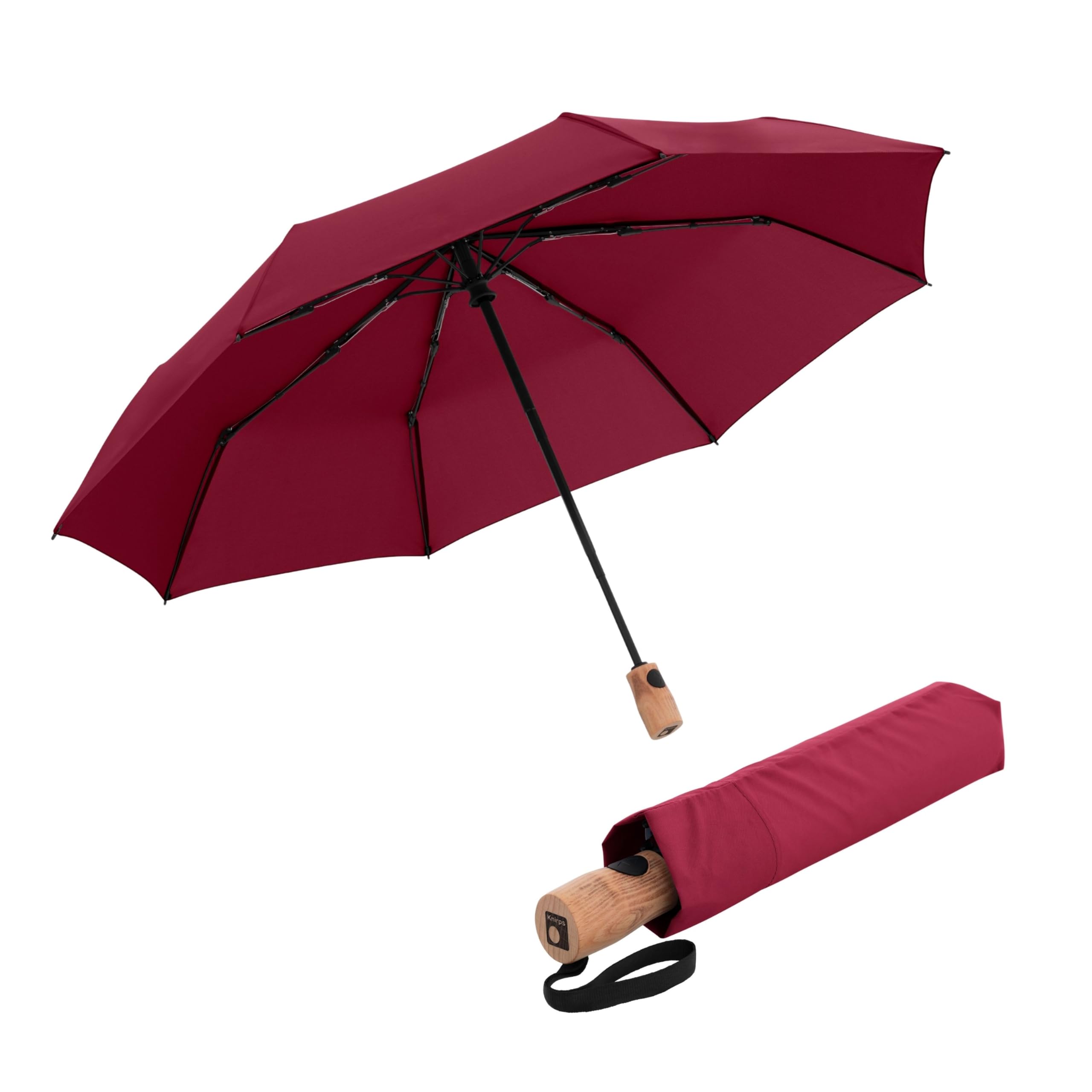 Knirps TIMBER Umbrella Compact Travel Essentials, Windproof Automatic Retractable Folding Water Resistant Rain Protection with Beech Wood Handle, Lightweight Portable Gear for Adults, Hibiscus