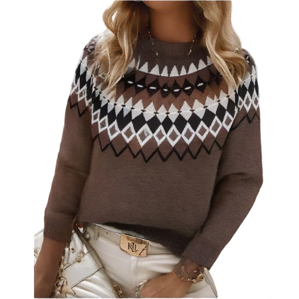 Women's Classic Fair Isle Pattern Knit Sweater 2024 Trendy Casual Loose Crewneck Long Sleeve Lightweight Jumper Tops