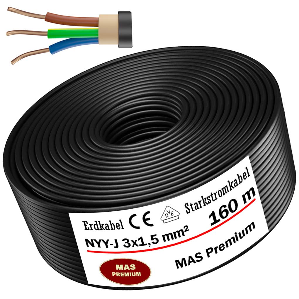 Cable de alimentación subterráneo, de 5 m hasta 170 m, NYY-J (cable con aislamiento y cubierta termoplásticos) 3 x 1,5 mm², cable eléctrico, anillo para instalación al aire libre (160 m)