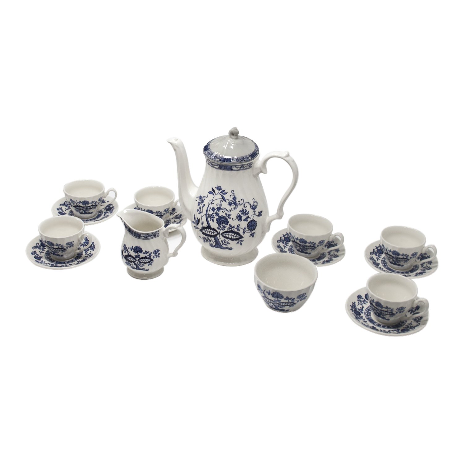 Juego de Café de porcelana blanco azul estilo Inglés 27 piezas - 12 Tazas, 12 Platitos, 1 Cafetera, 1 Lechera, 1 Azucarero | Modelo Inglés Churchill