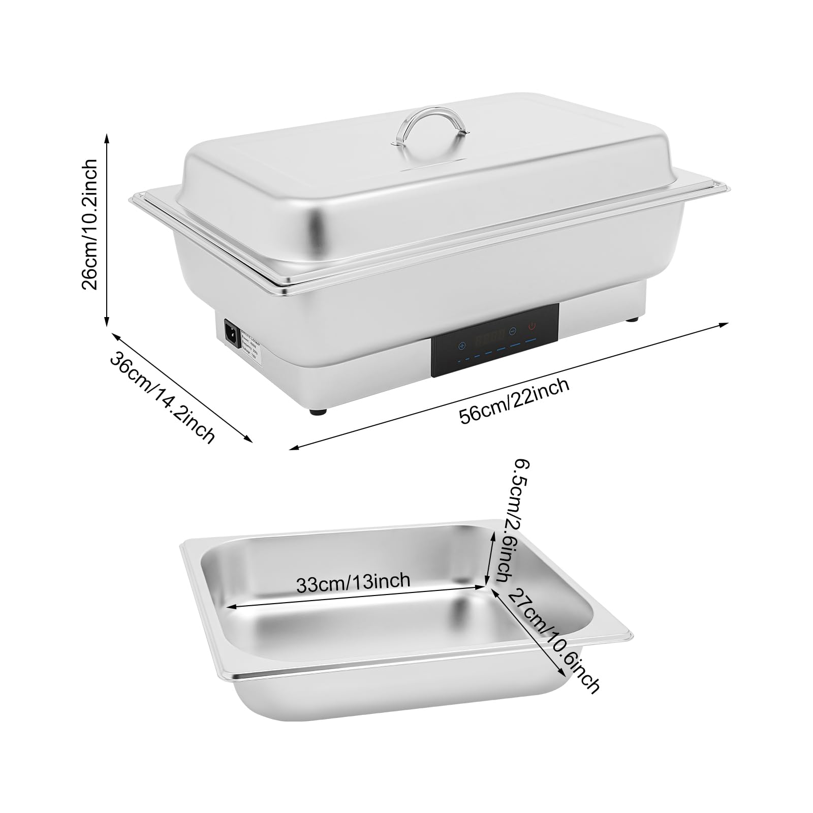 Chafing Dish Buffet Set da 9 l, server a buffet, in acciaio inox, 56 x 26 x 36 cm, con controllo della temperatura, con coperchio portatile (2 scomparti)