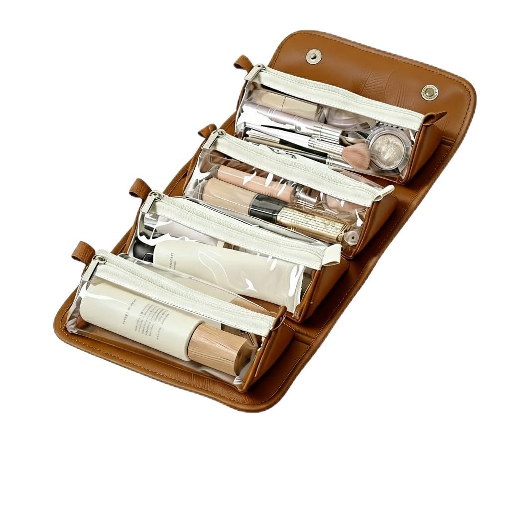 4-in-1 Detachable Roll Up Travel Makeup Bag for Women, Large Capacity Waterproof Cosmetic Organizer with 4 Clear Pouches & Hanging HookWaterproof leather material (brown)