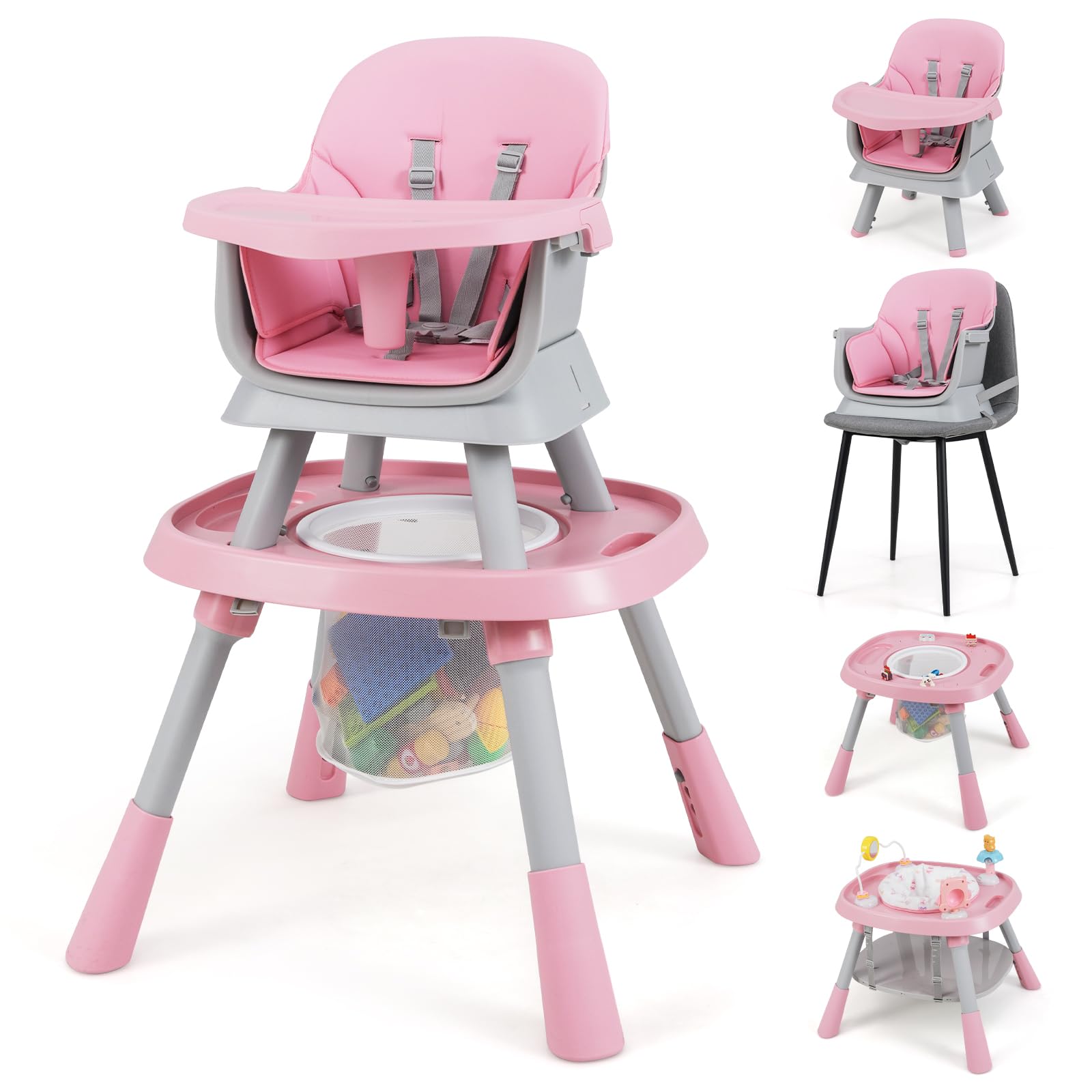 COSTWAY Trona Evolutiva Bebé 16 en 1, Trona Bebé con 3 Alturas Ajustables, Asiento Giratorio 360°, Bandeja con 3 Opciones y Mesa de Doble Cara, Silla de Comer para 6-36 Meses (Rosa)