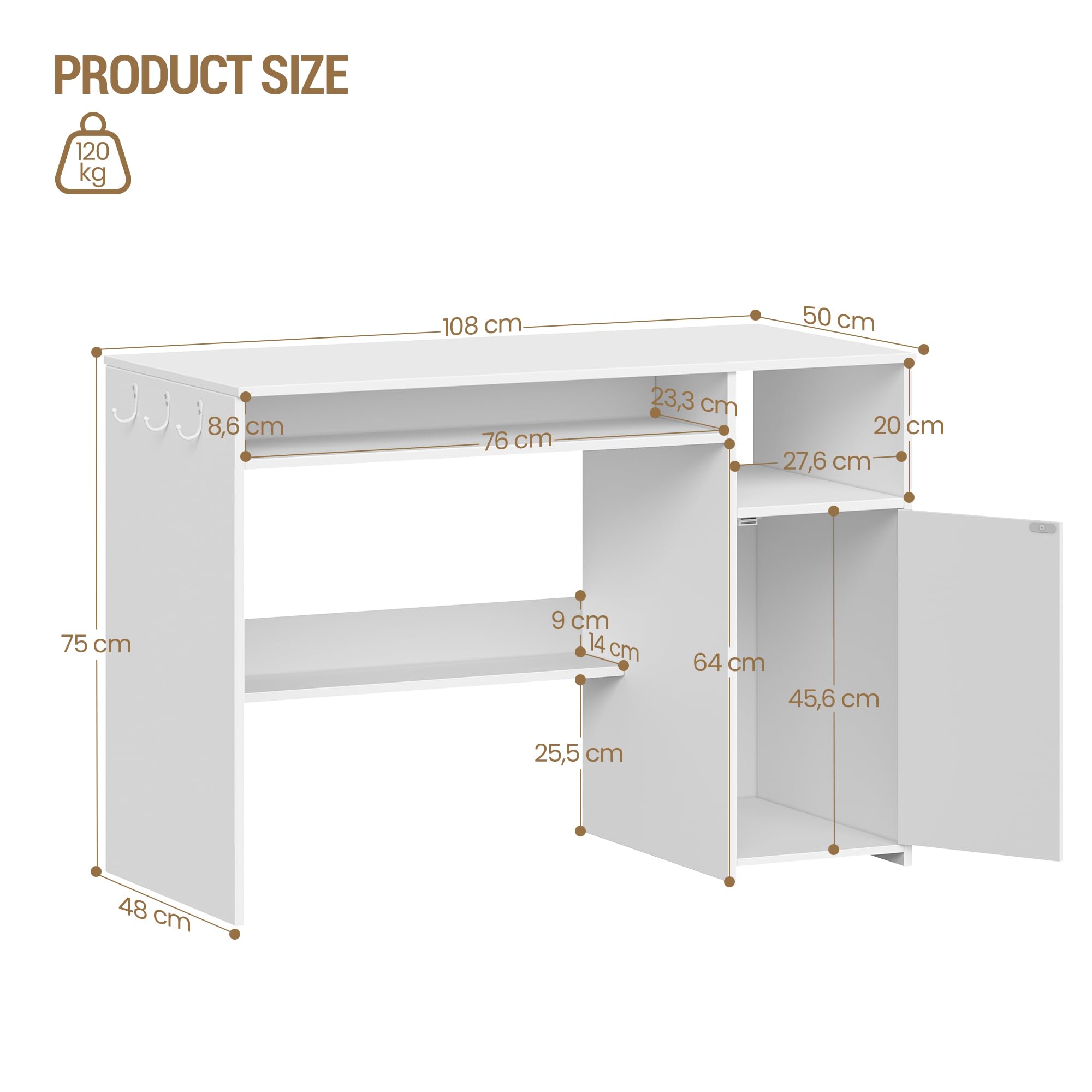 Hzuaneri Schreibtisch 108 x 50 cm 1 Tür Weiß | Minimalistisch, 1 Tür, stabil. Für Büro/Arbeitszimmer/Schlafzimmer. 108x50cm, Weiß. Ref. CD10103X.