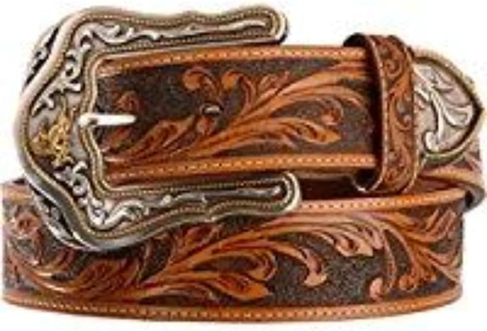Tony Lama Western Ride Tooled Leather Bronc Buckle Mens Belt 1 1/2in