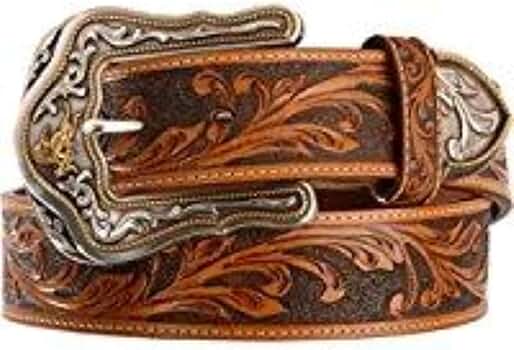 Tony Lama Western Ride Tooled Leather Bronc Buckle Mens Belt