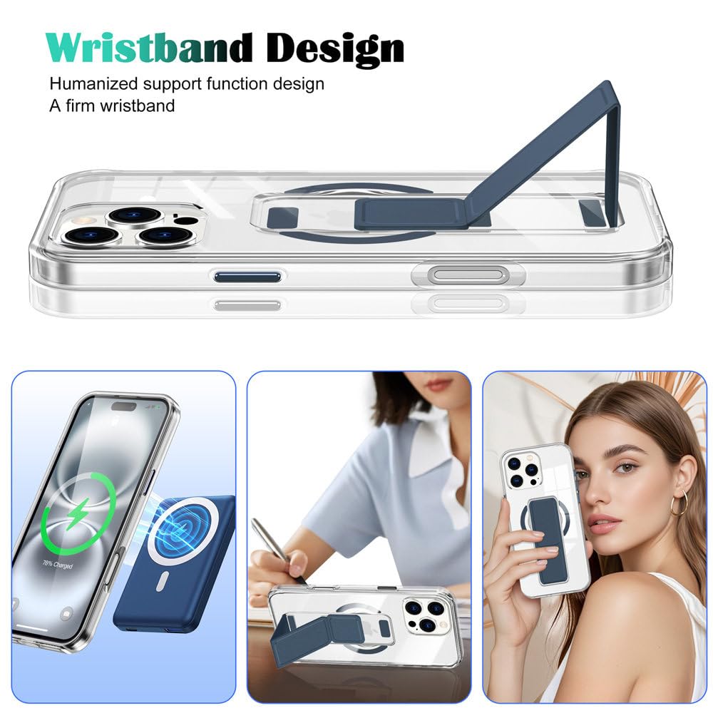 Custodia protettiva anticaduta con supporto magnetico per cinturino da polso trasparente per iPhone 13, 14, 15, 16 Pro Max, 14, 15, 16 Plus, colore grigio blu, per iPhone 13