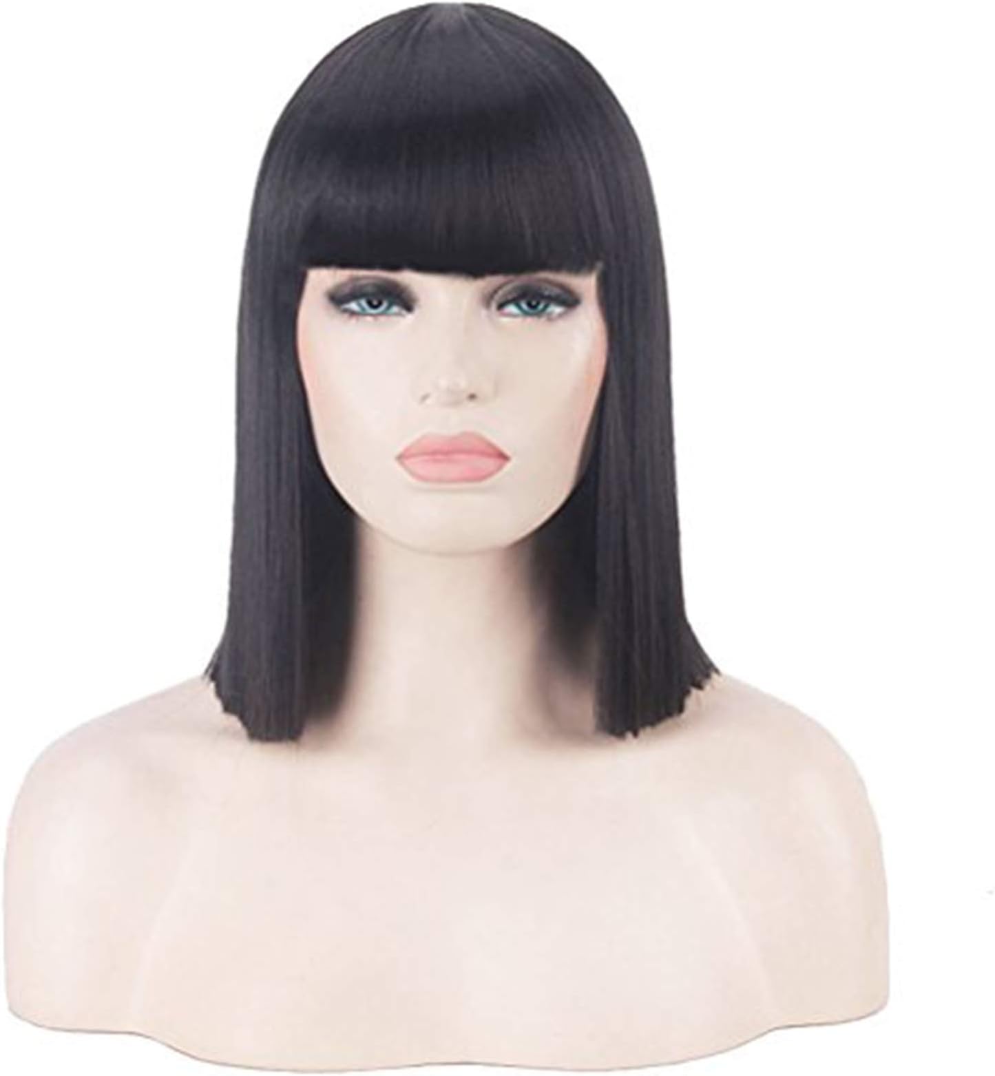 BERON 14’’Straight Bob Wig Shoulder Length Natural Flat Bang Wig with Free Wig Cap (Black)