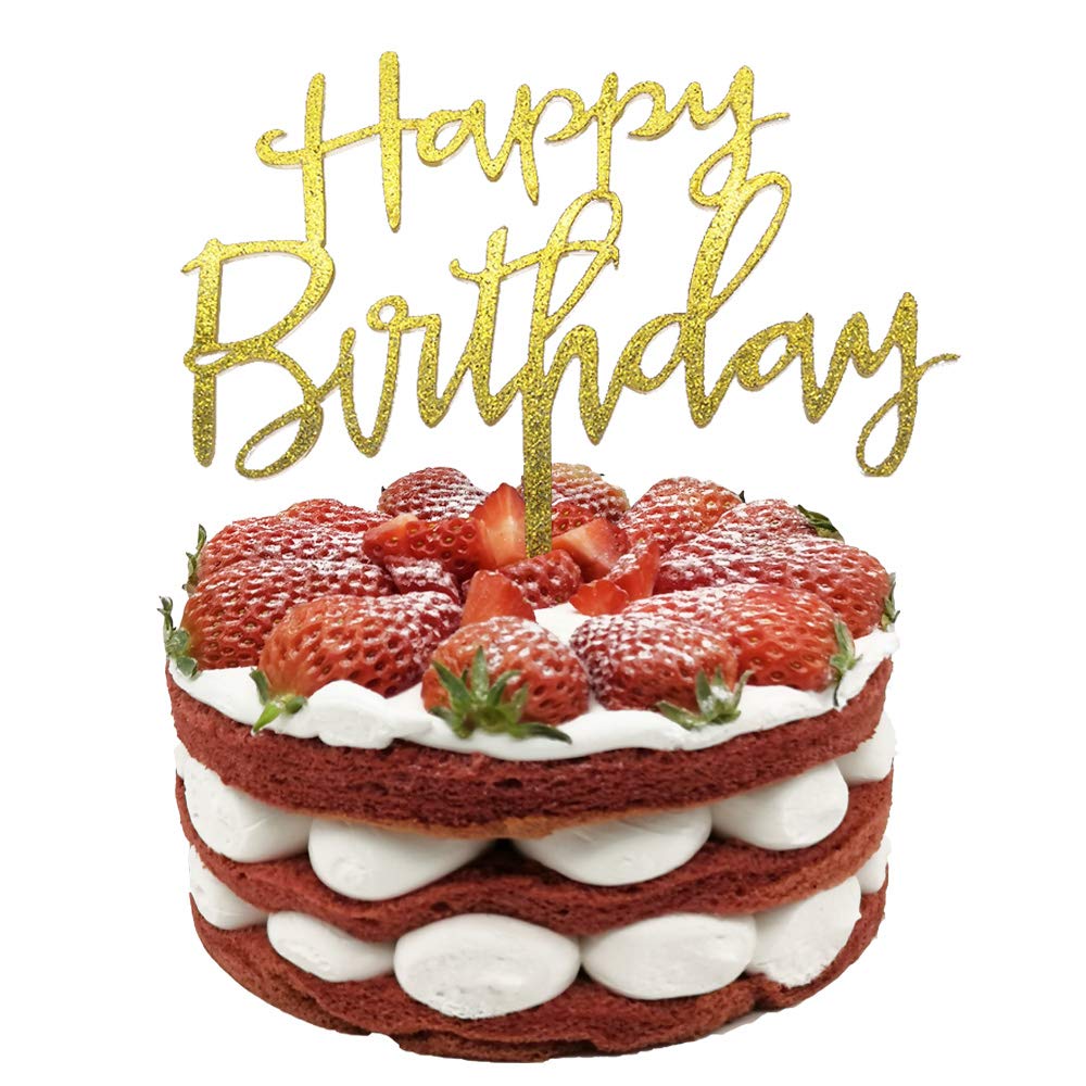 Gold Happy Birthday Cake Topper, WOJOGO Large Size Reusable Acrylic Glittery Gold Cake Topper for Birthday Party Decoration (6 1/2" Wide)