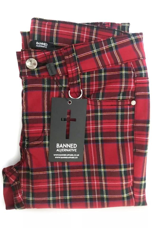 Ro Rox Banned Red Tartan Skinny Pants Women's Plaid Check Emo Punk Trousers, Red, XL2