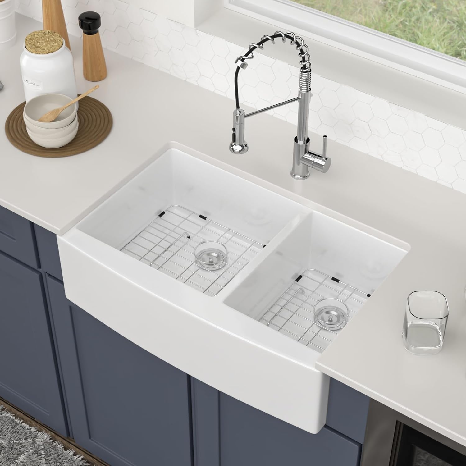 Logmey 33 Inch White Farmhouse Apron Front Kitchen Sink 33 x 21 x 10 Inch 60/40 Double Bowls Undermount White Fireclay Ceramic Farm Sink for Rustic Classic Style