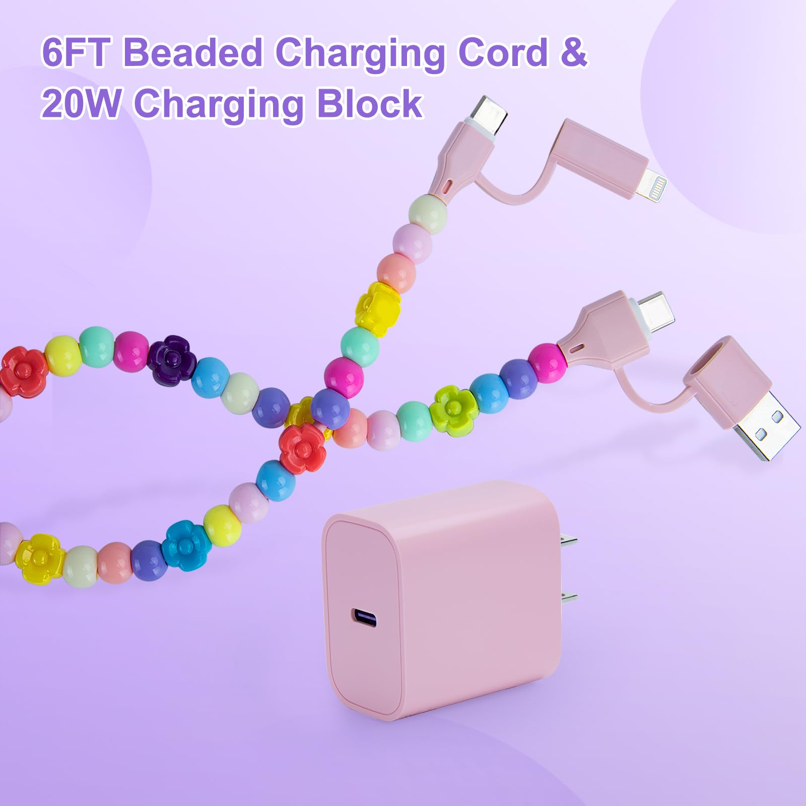 Cavo USB C con blocco caricabatterie, cavo di ricarica multi perline 4 in 1 cavo di ricarica multi cavo di ricarica rapida Star Beads 1,8 m ragazze donne per iPhone 16/15 Pro 14 Pro Max/iPad