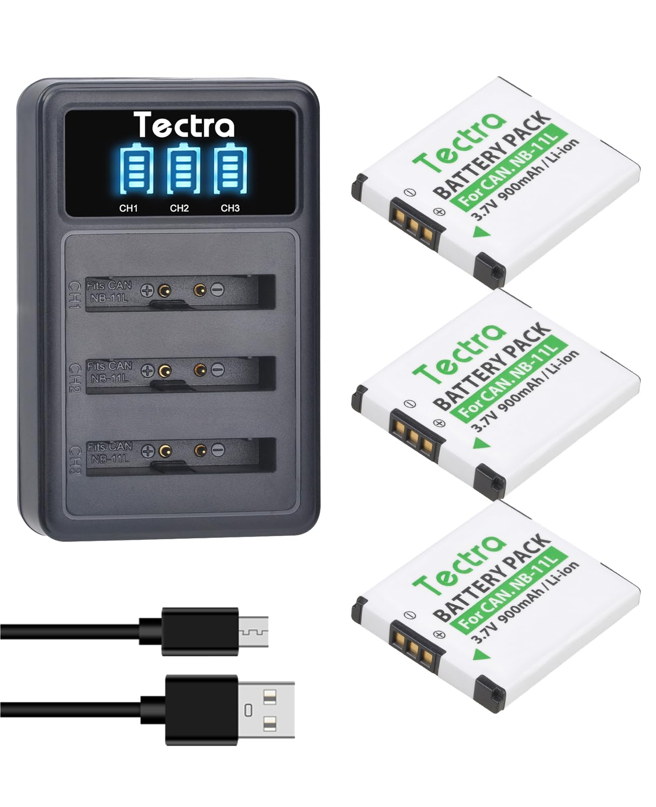 Tectra 3-Pack NB-11L NB-11LH Battery and Charger for Canon PowerShot Elph 190 Elph 180 Elph 160 Elph 130 Elph 110, Elph 360 Elph 350 Elph 340, SX420