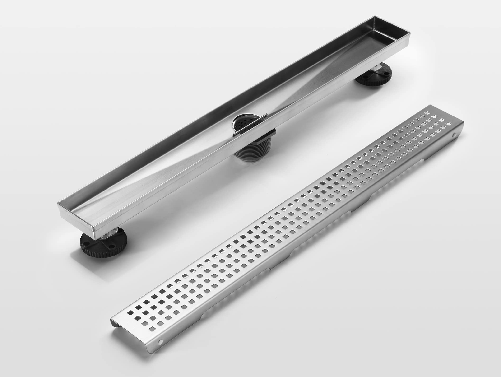 HEATGENE Liniowy odpływ prysznicowy 61 cm, prostokątny odpływ podłogowy ze stali nierdzewnej ze zdejmowaną kratką kwadratową, odpływ prysznicowy z sitkiem do włosów, szczotkowany
