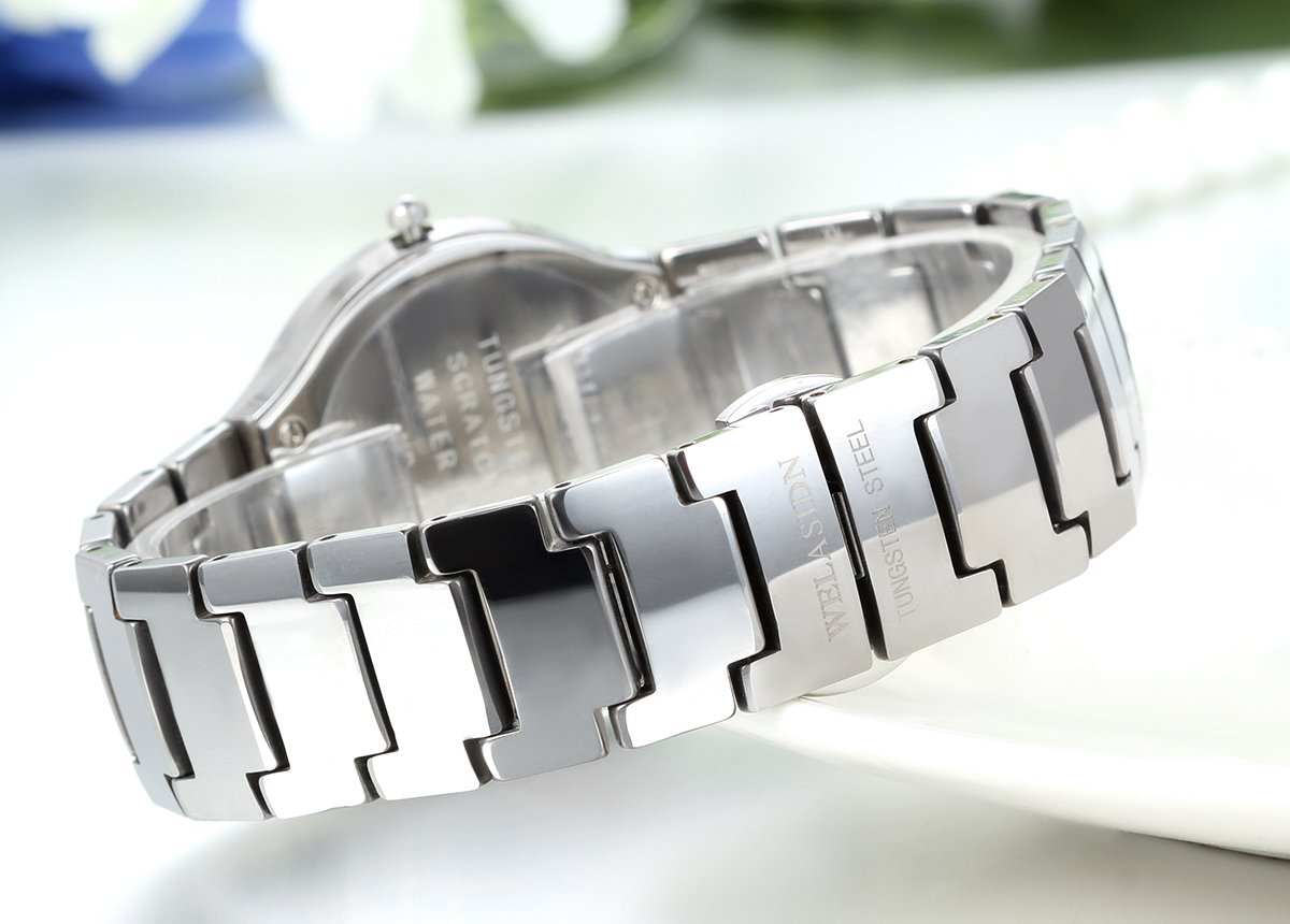 JewelryWe Herren Armbanduhr, Analog Quarz, Klassiker Luxus Kalender Business Casual Uhr mit Wolfram Stahl Wolframcarbid Armband, Gold Silber Schwarz