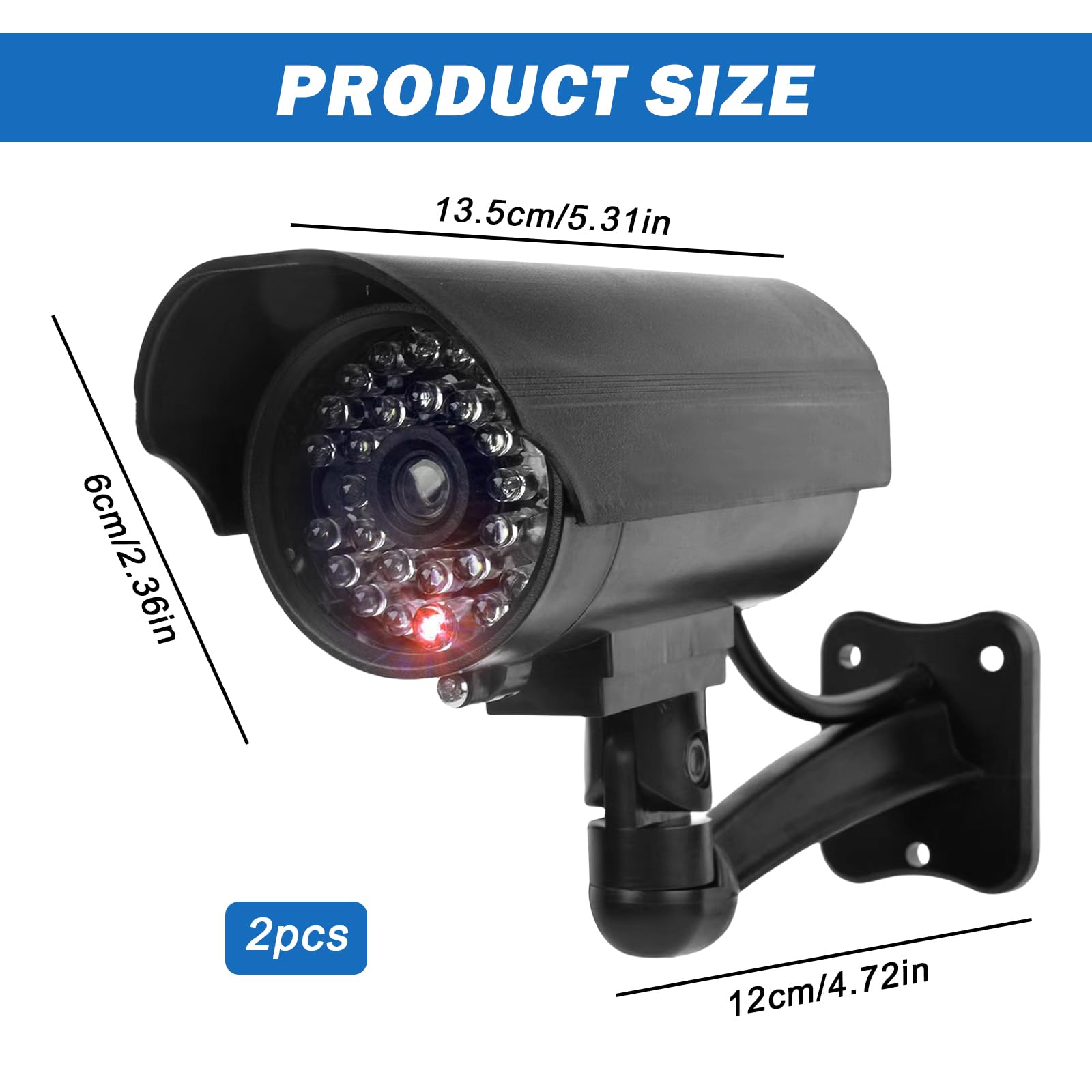 Sporgo Caméra Factice 2 Pièces: Caméra de Surveillance Factice Extérieur avec Lumière LED Rouge Clignotant, Atrappe Caméra de Surveillance Fausse Caméra de Sécurité pour Intérieur et Extérieur (Argent