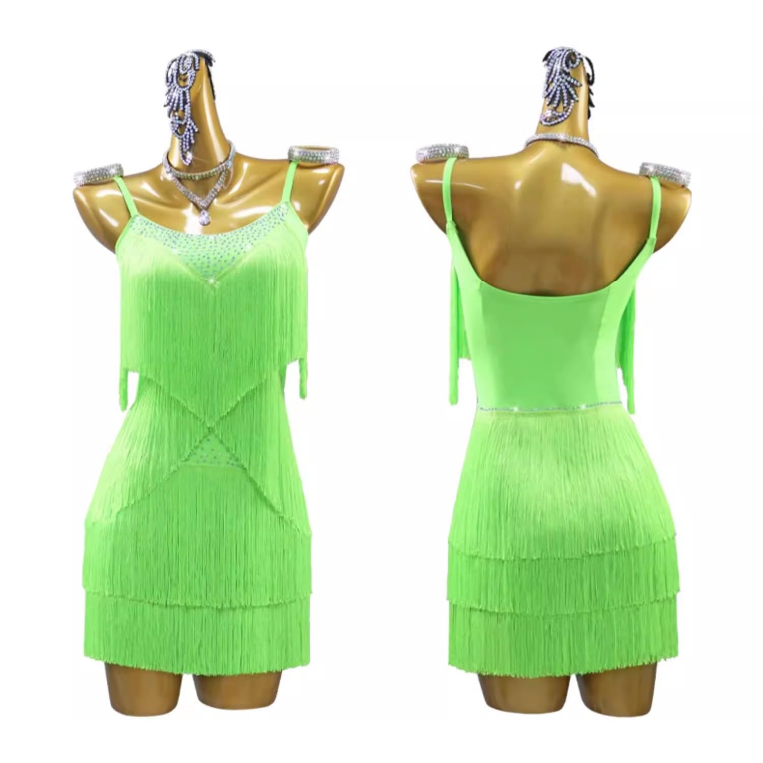 Women's Latin Dance Dresses with Layered Tassels Cha Cha Ballroom Performance Costumes Breathable Skirt for Samba,A,XL