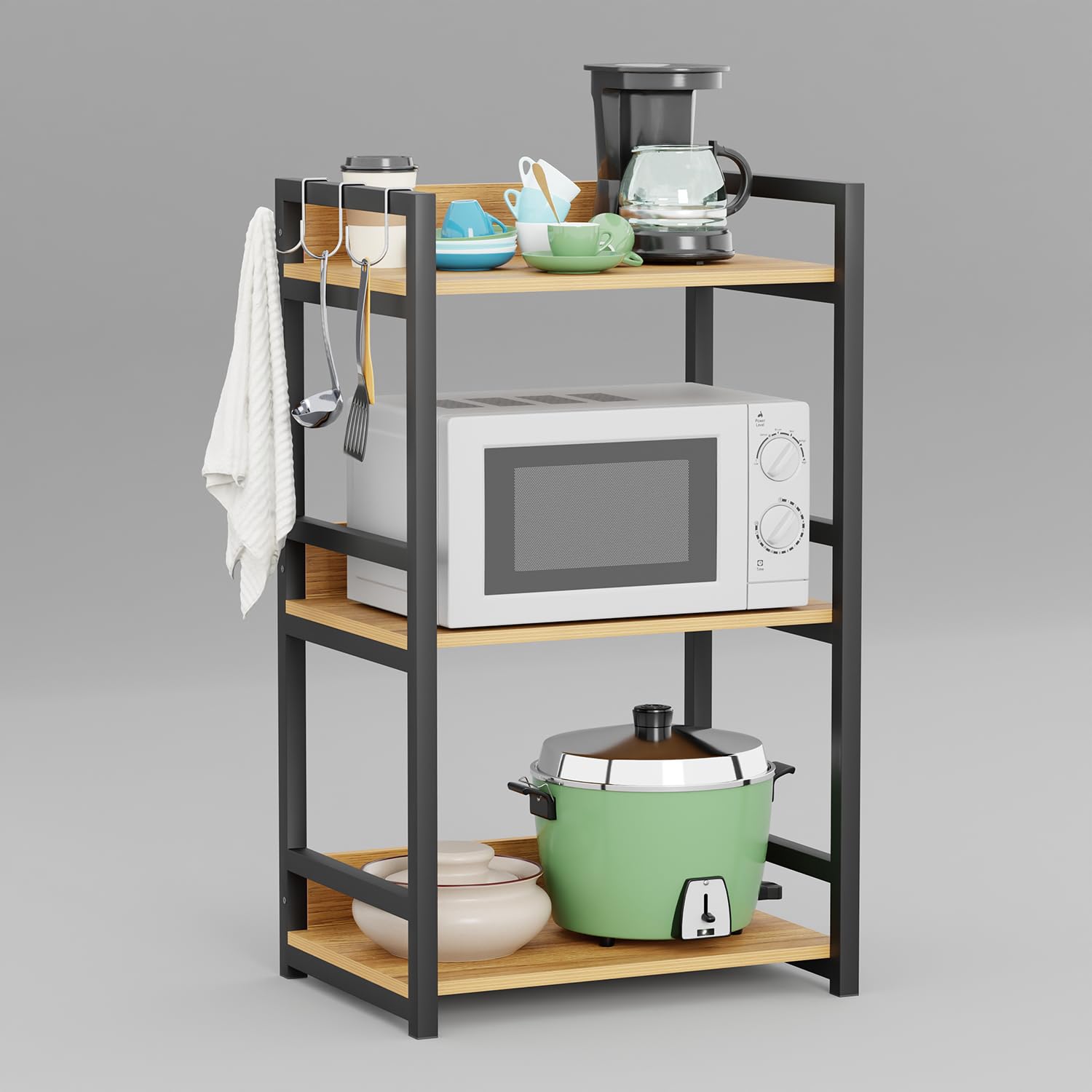 Lukzer 3 Layer Multipurpose Storage Rack - Heavy Duty Metal & Wood Kitchen Organizer | Space Saving Microwave Oven Stand for Modular Kitchen, Living Room, Bedroom & Office (MKR-003/Black & Oak Light)