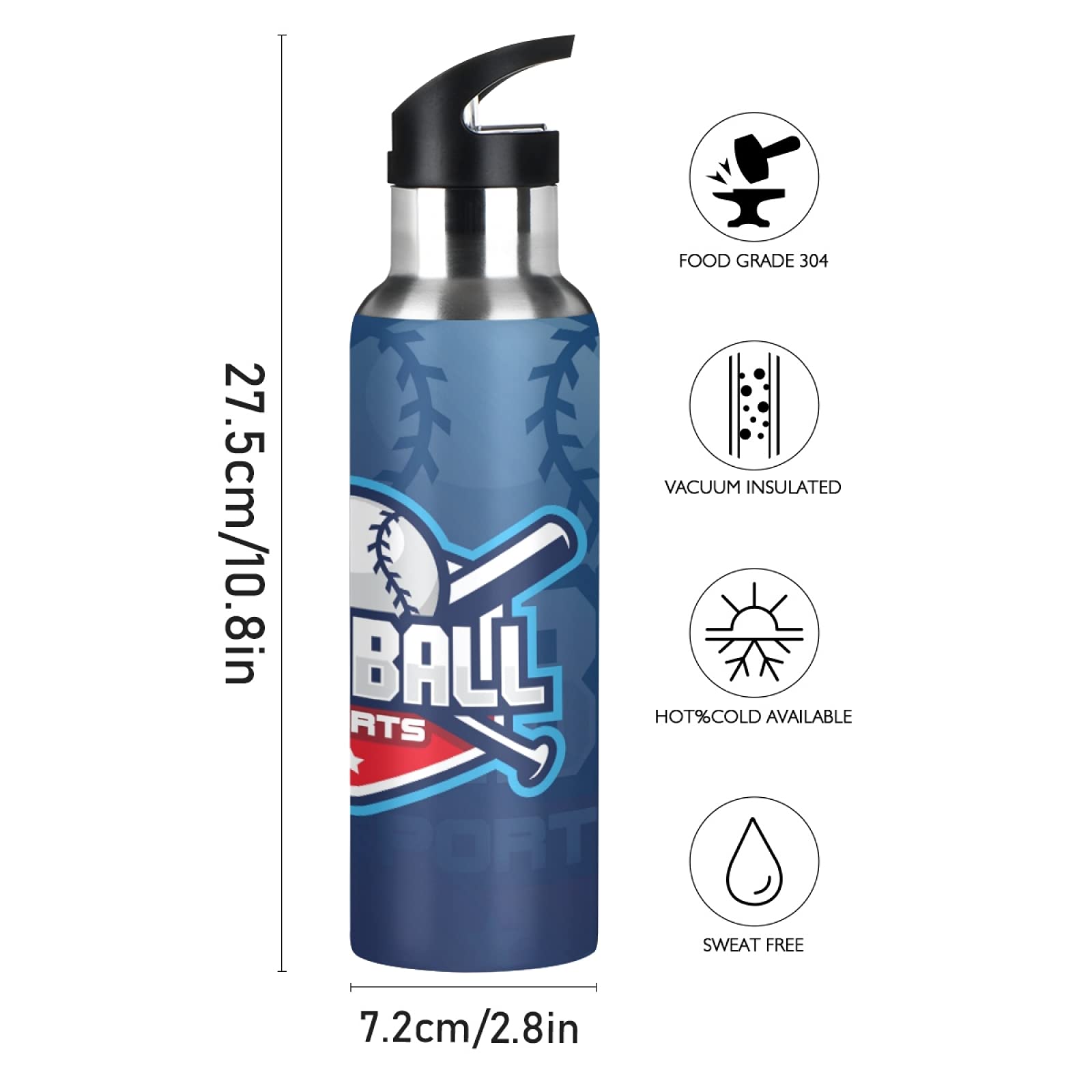 Borraccia Sportiva Con Spray Rinfrescante Integrato – Design Baseball 3D – Acciaio Inox, Isolata 24h, Priva Di BPA – Regalo Per Bambini E Sportivi - 3