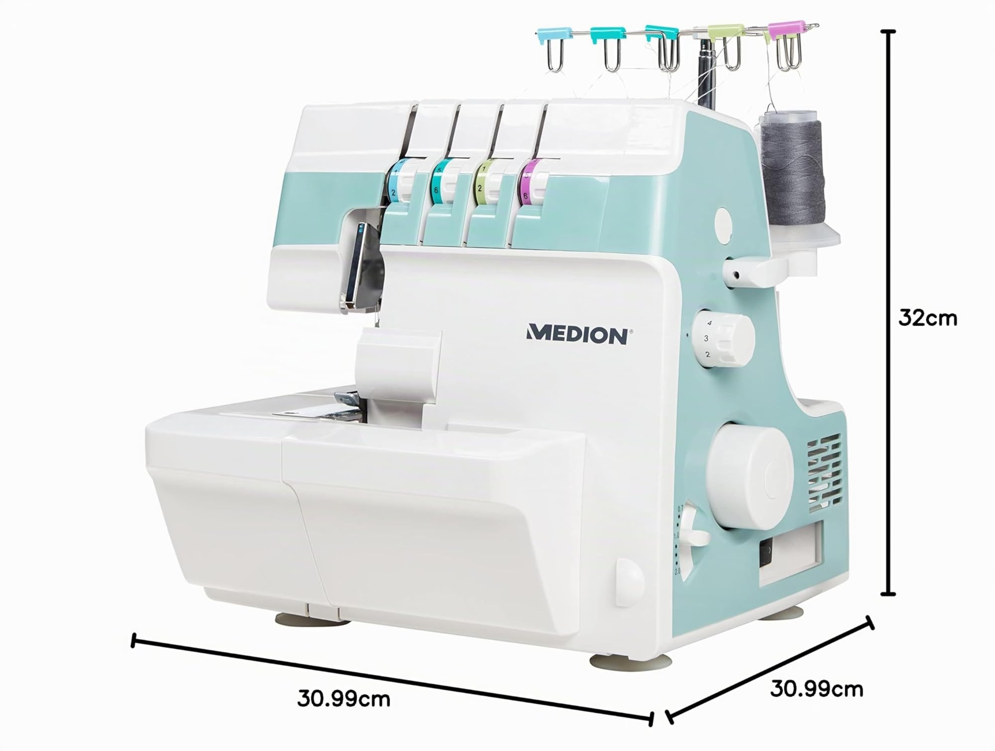 MEDION - Machine à coudre surjeteuse overlock (électrique, 90 watts, éclairage LED, couper, coudre et finir les bords en un seul passage, nombreux accessoires, MD19169)